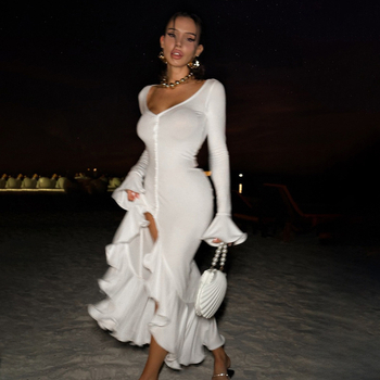 Női ruha V-nyakkal, harangujjú ujjak, aszimmetrikus hosszú szoknya, poliészter-spandex anyag, kollázs panel dizájn