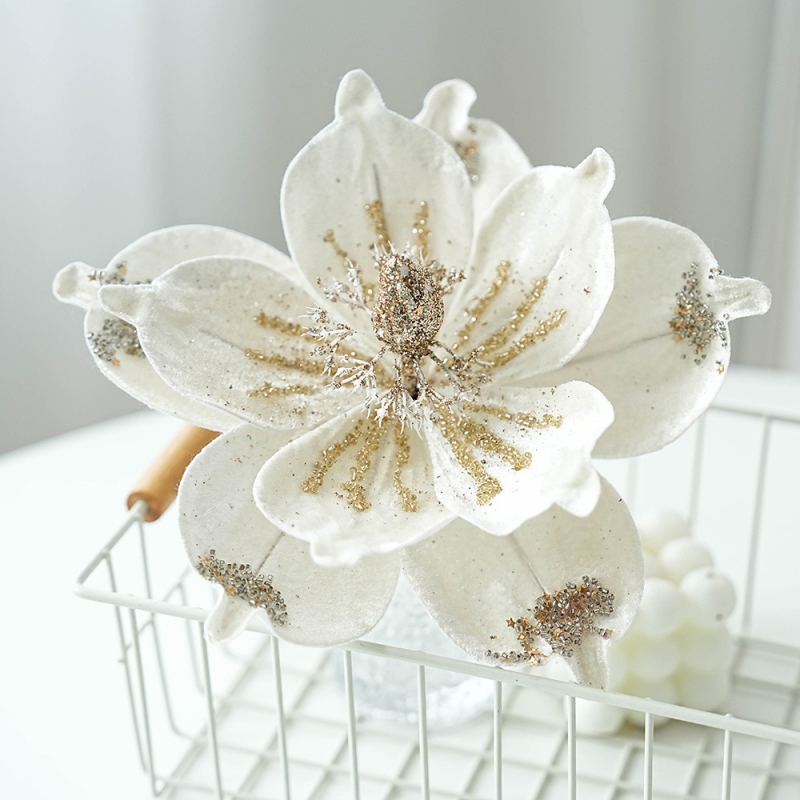 Magnolija od tkanine, cvjetni ukras za Božićno drvce sa šljokicama — Materijal: Tekstil; Marka: Soft blue ruoting; Stil: Pastoralni, moderni i minimalistički; Pogodno za Božić.