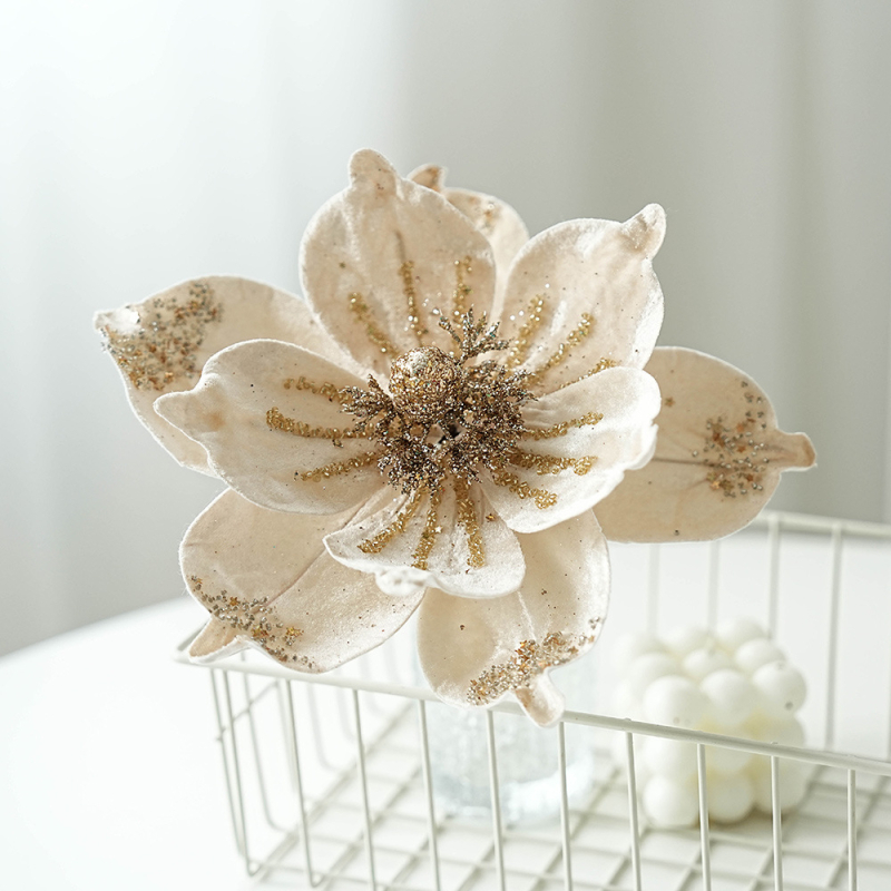 Magnolija od tkanine, cvjetni ukras za Božićno drvce sa šljokicama — Materijal: Tekstil; Marka: Soft blue ruoting; Stil: Pastoralni, moderni i minimalistički; Pogodno za Božić.