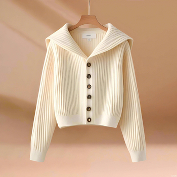 Cardigan od viskoze – ležeran stil, dugi rukavi, ovratnik mornarskog stila, pleteni materijal, postotak viskoze 50–70%, srednja debljina, normalna dužina (50–65 cm)