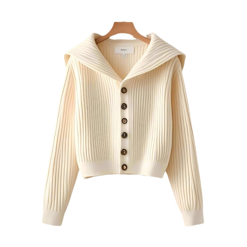Cardigan od viskoze – ležeran stil, dugi rukavi, ovratnik mornarskog stila, pleteni materijal, postotak viskoze 50–70%, srednja debljina, normalna dužina (50–65 cm)