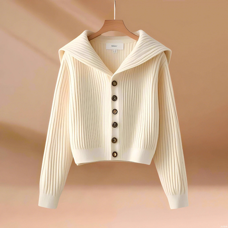 Cardigan od viskoze – ležeran stil, dugi rukavi, ovratnik mornarskog stila, pleteni materijal, postotak viskoze 50–70%, srednja debljina, normalna dužina (50–65 cm)