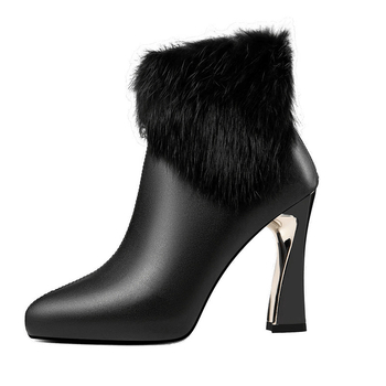 Cizme peste genunchi pentru femei, vârf ascuțit, toc gros, fermoar la spate, talpă din cauciuc, căptușeală pluș