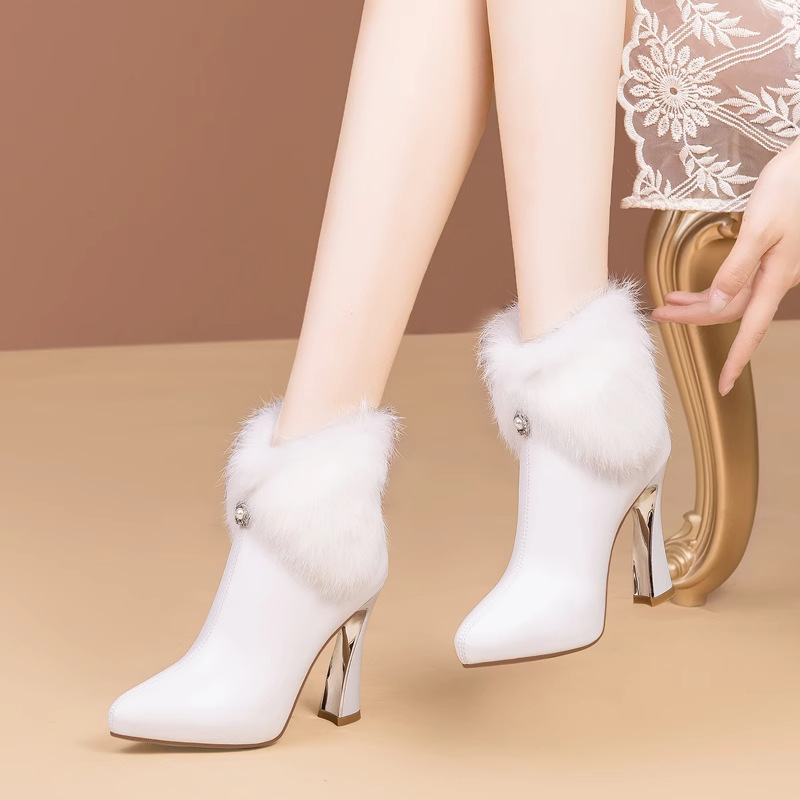 Cizme peste genunchi pentru femei, vârf ascuțit, toc gros, fermoar la spate, talpă din cauciuc, căptușeală pluș