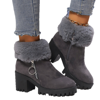 Ženske zimske kratke čizme s okruglim vrhom, debeli 6-8 cm pet, zatvarač, PU gornji dio, gumena potplata