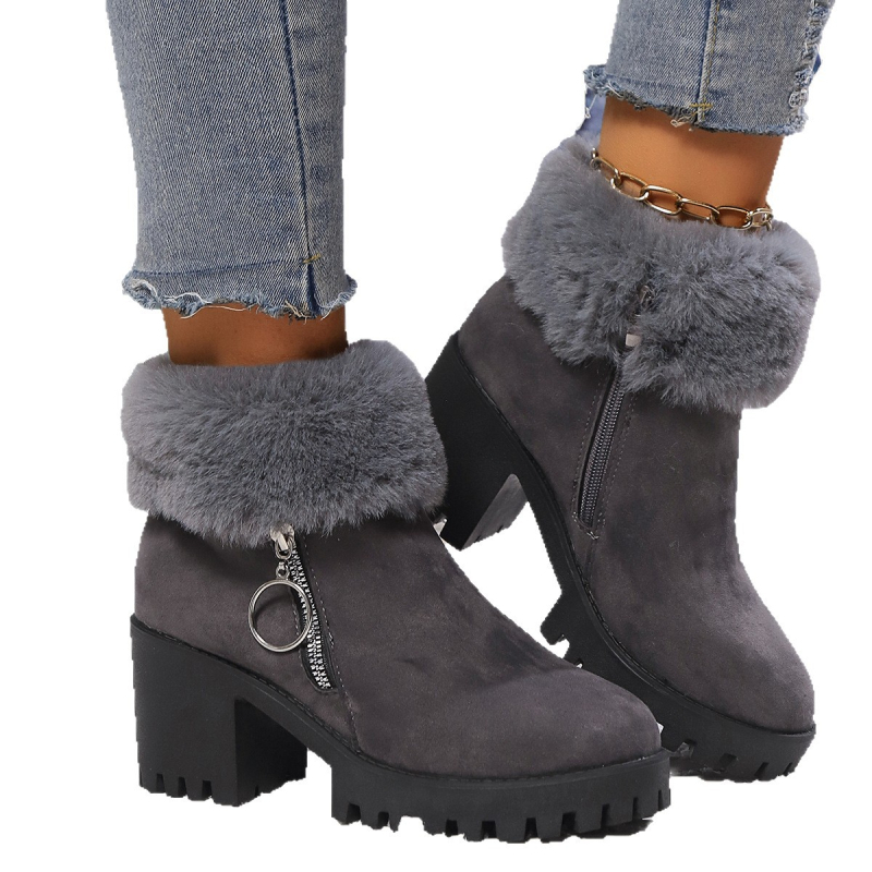 Ženske zimske kratke čizme s okruglim vrhom, debeli 6-8 cm pet, zatvarač, PU gornji dio, gumena potplata