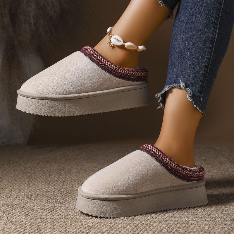 Ženske zimske papuče od pamuka, gornji dio od nubuka, plišasta podstava, okrugli vrh, gumena potplat