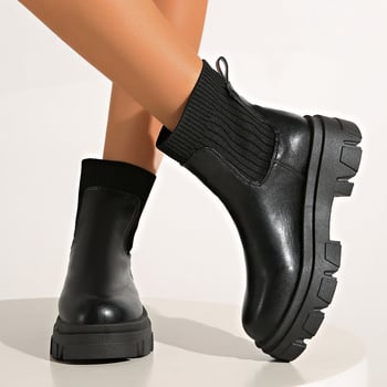 Női téli kötött Martin csizma, PU felsőrész, gumi talp, kerek orr, közepes magasságú sarok 3-5 cm