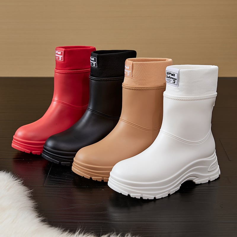 Moters lietaus batai su vidutiniu kulkšnies aukščiu, velūrinė įdaila, PVC viršus, atsparūs vandeniui, neslidus padas