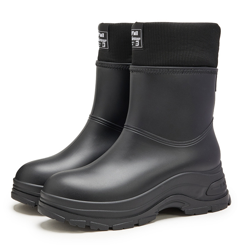 Moters lietaus batai su vidutiniu kulkšnies aukščiu, velūrinė įdaila, PVC viršus, atsparūs vandeniui, neslidus padas