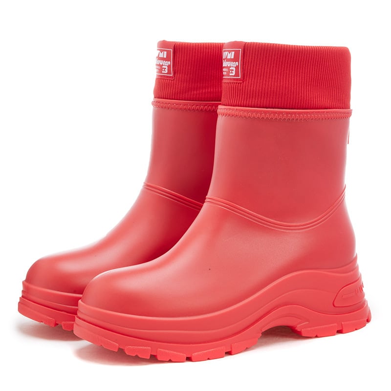 Moters lietaus batai su vidutiniu kulkšnies aukščiu, velūrinė įdaila, PVC viršus, atsparūs vandeniui, neslidus padas