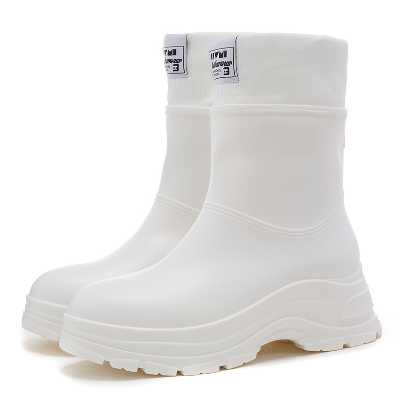 Moters lietaus batai su vidutiniu kulkšnies aukščiu, velūrinė įdaila, PVC viršus, atsparūs vandeniui, neslidus padas