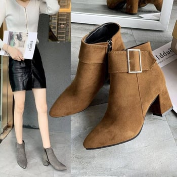 Botine moderne pentru femei - vârf ascuțit, toc gros, peste genunchi, partea superioară PU, talpă interioară din cașmir