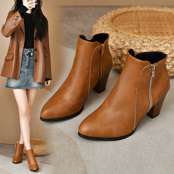 Cizme femei Martin – fermoar lateral, toc înalt gros 6–8 cm, vârf ascuțit, PU exterior, talpă din cauciuc