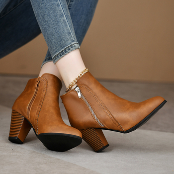 Cizme femei Martin – fermoar lateral, toc înalt gros 6–8 cm, vârf ascuțit, PU exterior, talpă din cauciuc