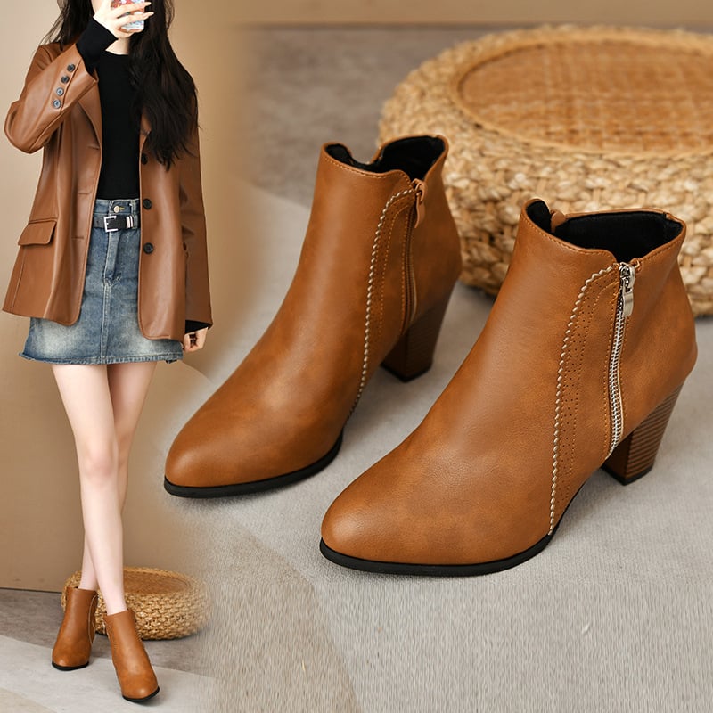 Cizme femei Martin – fermoar lateral, toc înalt gros 6–8 cm, vârf ascuțit, PU exterior, talpă din cauciuc