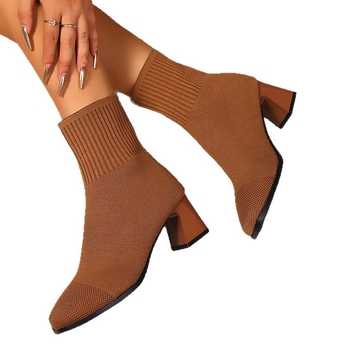 Botine Martin pentru femei, vârf rotund, toc gros 6-8 cm, guler tricotat, botine de iarnă la gleznă