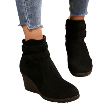 Botine de damă din velur cu toc gros 3–5 cm, fermoar lateral, gleznă scurtă, vârf rotund