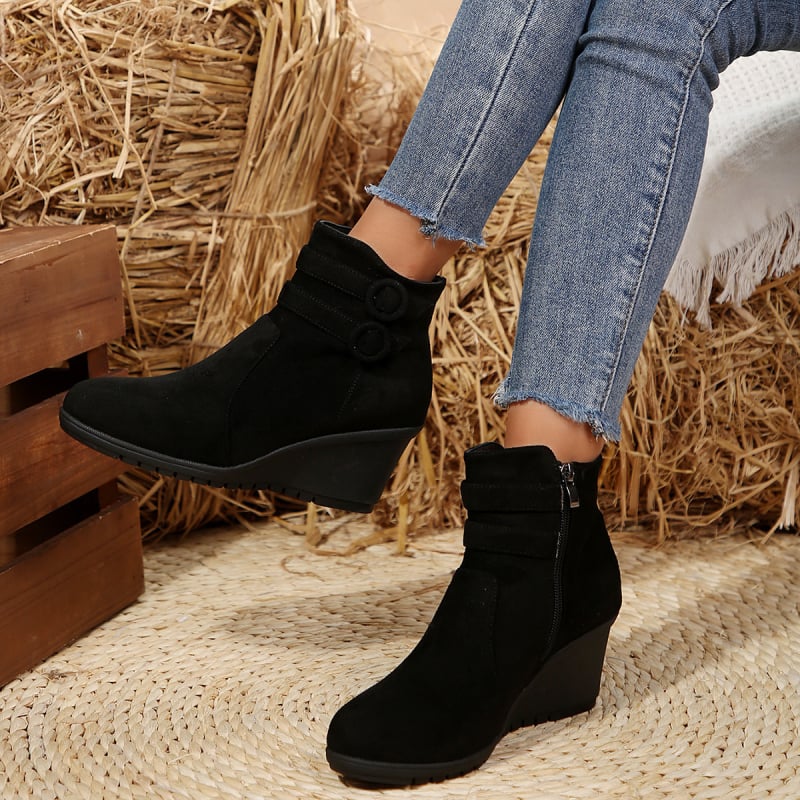 Botine de damă din velur cu toc gros 3–5 cm, fermoar lateral, gleznă scurtă, vârf rotund