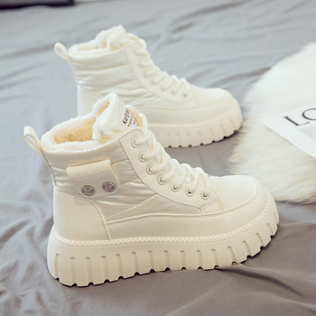 Botine femei cu căptușeală din pluș, încălțăminte de iarnă înaltă, partea superioară PU, talpă din cauciuc, închidere cu șireturi, toc 3–5 cm