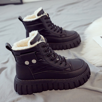 Botine femei cu căptușeală din pluș, încălțăminte de iarnă înaltă, partea superioară PU, talpă din cauciuc, închidere cu șireturi, toc 3–5 cm