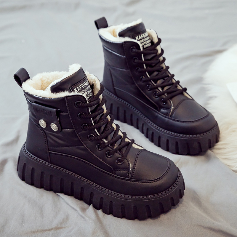 Botine femei cu căptușeală din pluș, încălțăminte de iarnă înaltă, partea superioară PU, talpă din cauciuc, închidere cu șireturi, toc 3–5 cm