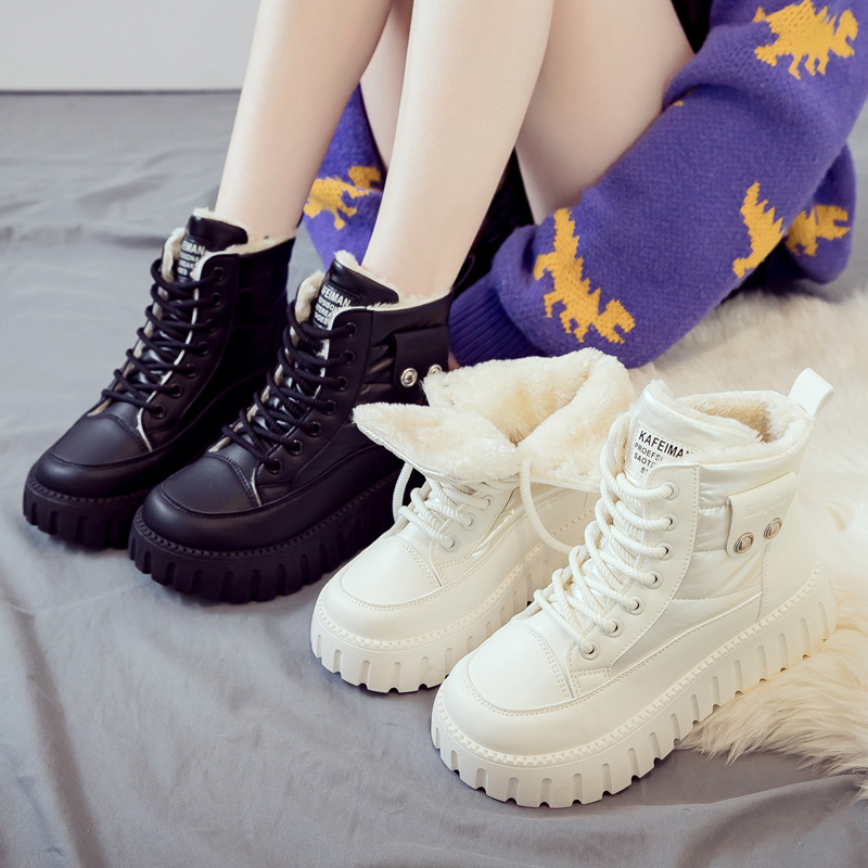 Botine femei cu căptușeală din pluș, încălțăminte de iarnă înaltă, partea superioară PU, talpă din cauciuc, închidere cu șireturi, toc 3–5 cm