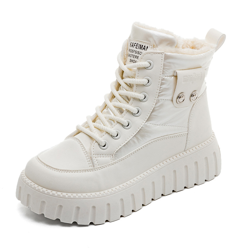 Botine femei cu căptușeală din pluș, încălțăminte de iarnă înaltă, partea superioară PU, talpă din cauciuc, închidere cu șireturi, toc 3–5 cm