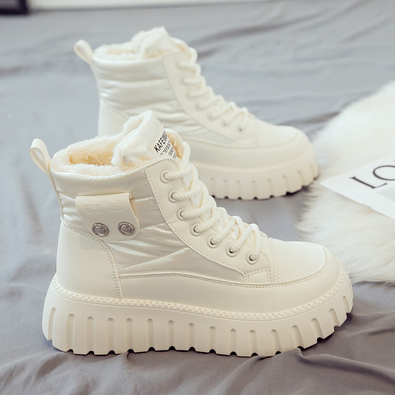 Botine femei cu căptușeală din pluș, încălțăminte de iarnă înaltă, partea superioară PU, talpă din cauciuc, închidere cu șireturi, toc 3–5 cm