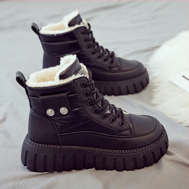 Botine femei cu căptușeală din pluș, încălțăminte de iarnă înaltă, partea superioară PU, talpă din cauciuc, închidere cu șireturi, toc 3–5 cm
