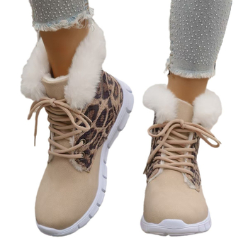 Cizme de iarnă cu imprimeu leopard, căptușite cu blană artificială, închidere cu șireturi, talpă groasă, pentru femei