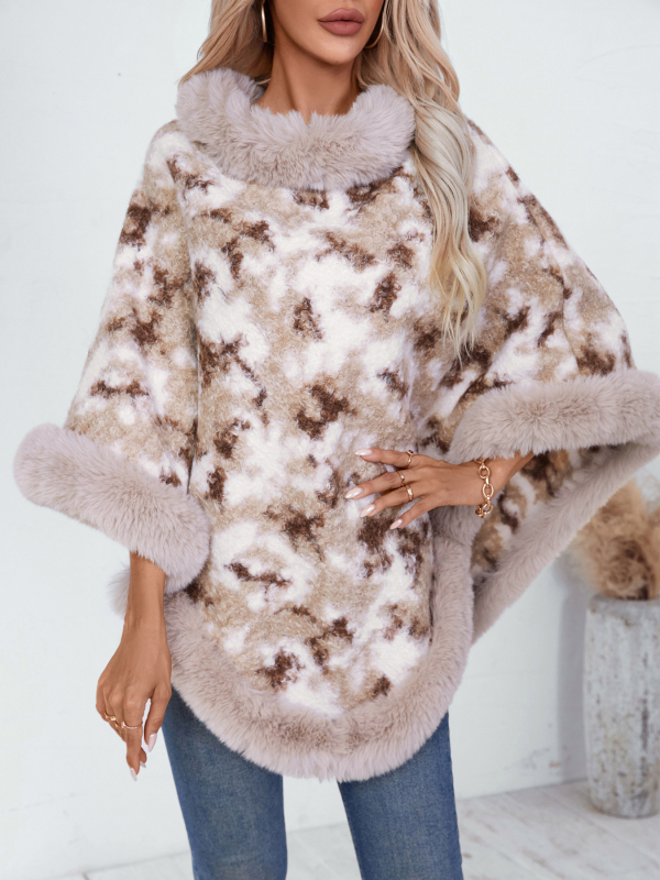 Poncho tricotat cu guler de blană și imprimeu leopard, stil retro pentru femei, mâneci tip bat, poliester 95%+