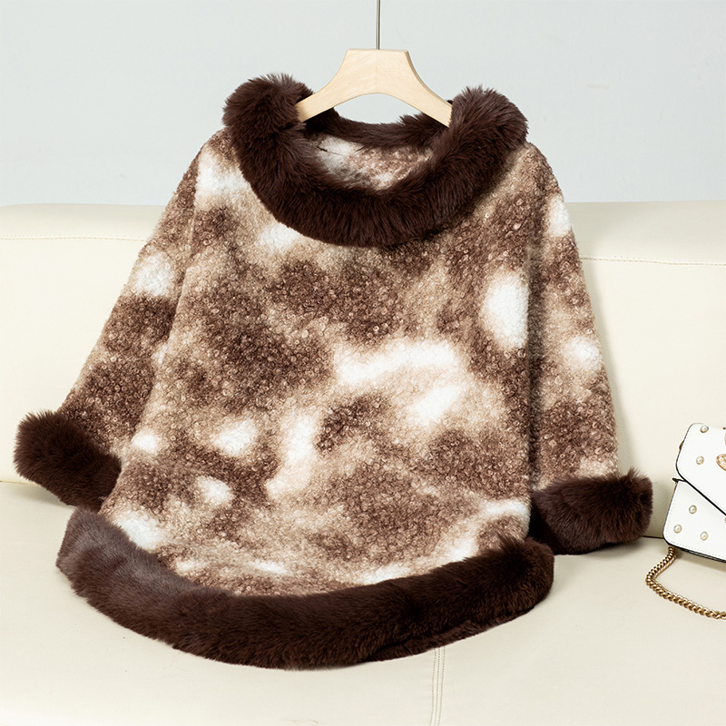 Poncho tricotat cu guler de blană și imprimeu leopard, stil retro pentru femei, mâneci tip bat, poliester 95%+
