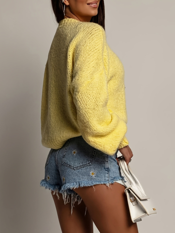 Pulover tricotat lejer pentru femei, guler rotund, mâneci lungi, tricot poliester, greutate medie