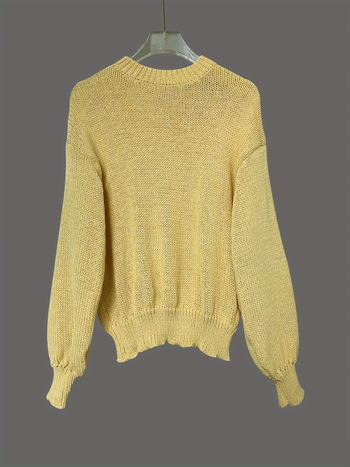 Pulover tricotat lejer pentru femei, guler rotund, mâneci lungi, tricot poliester, greutate medie