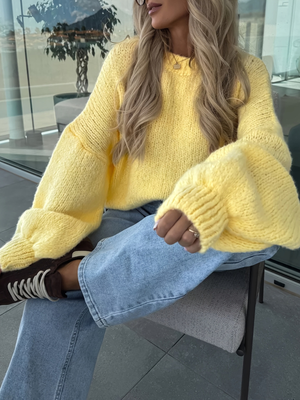 Pulover tricotat lejer pentru femei, guler rotund, mâneci lungi, tricot poliester, greutate medie