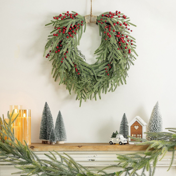 Dirbtinis Kalėdinis vainikas su pušies ir ciprų lapais bei raudonomis uogomis (plastikas; bohemiškas stilius; Kalėdos)