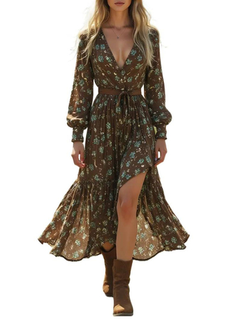 Rochie midi cu patchwork retro, decolteu în V profund, mâneci lungi vaporoase, imprimeu floral etnic, poliester 90–95%