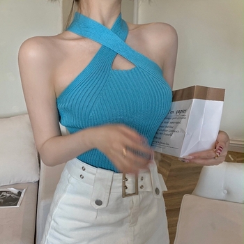 Top din tricot cu decolteu încrucișat, pentru femei, croială Slim, viscoză 95%+, Vară 2024