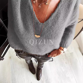 Pulover damă cu decolteu în V, poliester, conținut poliester 95%+, mâneci lungi, lungime normală