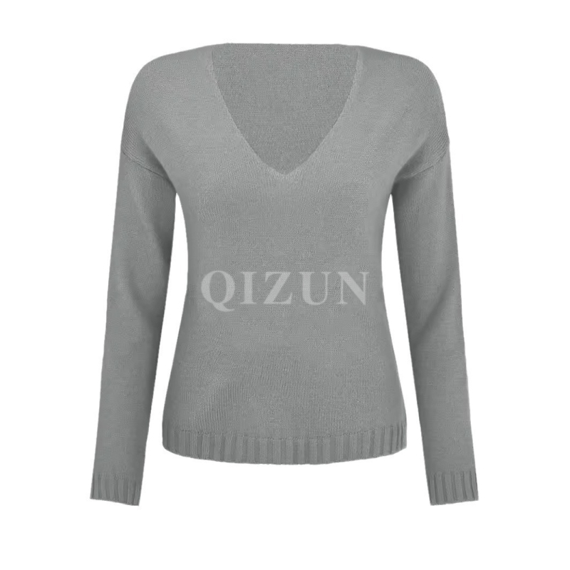 Pulover damă cu decolteu în V, poliester, conținut poliester 95%+, mâneci lungi, lungime normală