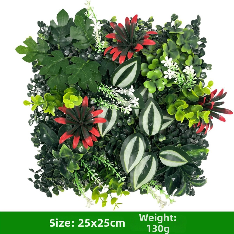 Augalų siena fone – plastikinė žolė su šilko gėlėmis; reljefinis paviršius, injekcinis formavimas; įvairovė: eukaliptas Milan, dirbtinės gėlės, papartis, persų stilius; vestuvėms, lauko naudojimui, fotografijos rekvizitai, namų dekorui