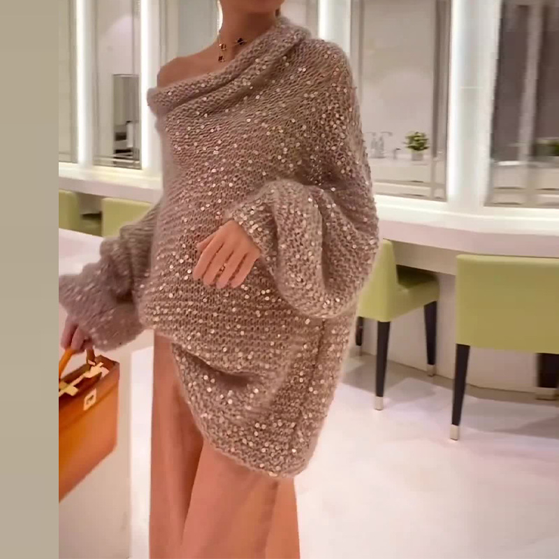 Pulover pentru femei din poliester, culoare solidă, croială lejeră, mâneci lungi cu stil felinar, guler înclinat