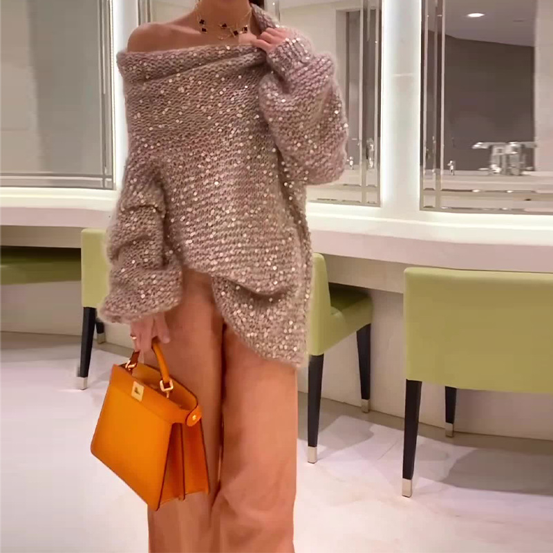 Pulover pentru femei din poliester, culoare solidă, croială lejeră, mâneci lungi cu stil felinar, guler înclinat