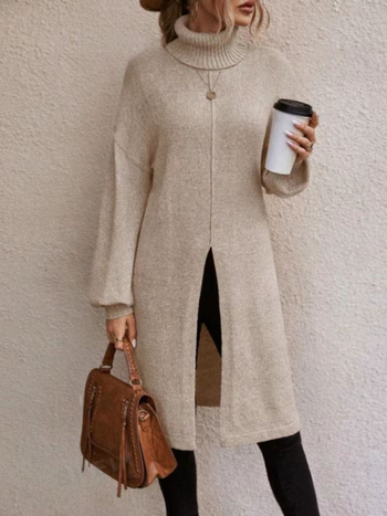 Rochie tricotată lungă de tip pulover din Spandex, culoare solidă, mâneci felinar, guler dublu, croială slim (Toamna 2024)