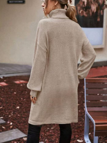 Rochie tricotată lungă de tip pulover din Spandex, culoare solidă, mâneci felinar, guler dublu, croială slim (Toamna 2024)