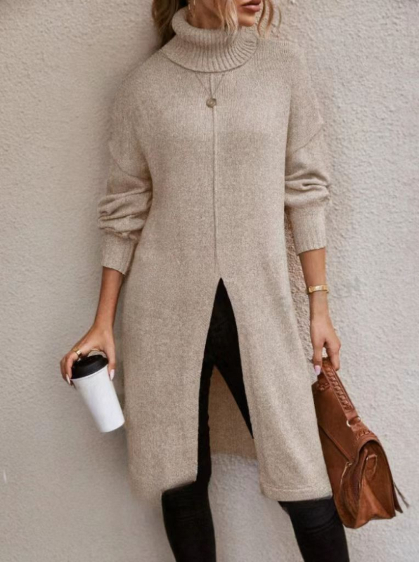 Rochie tricotată lungă de tip pulover din Spandex, culoare solidă, mâneci felinar, guler dublu, croială slim (Toamna 2024)