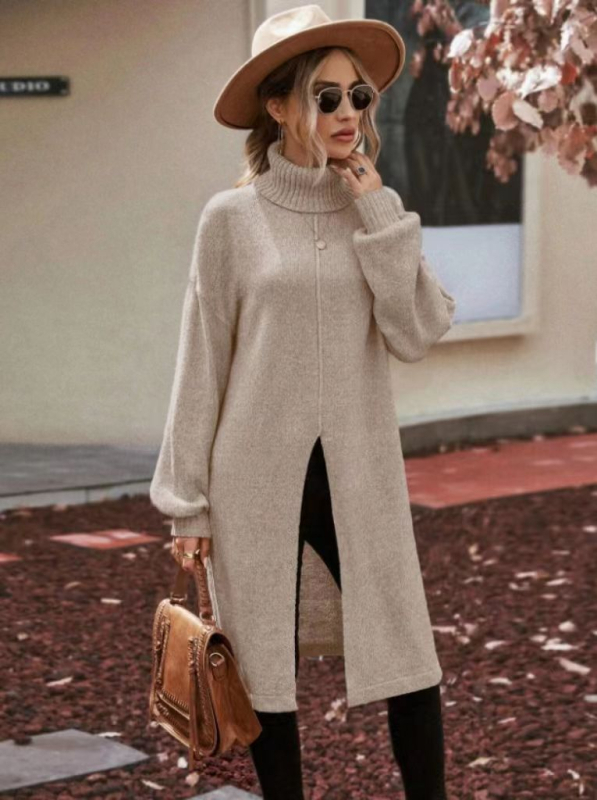 Rochie tricotată lungă de tip pulover din Spandex, culoare solidă, mâneci felinar, guler dublu, croială slim (Toamna 2024)