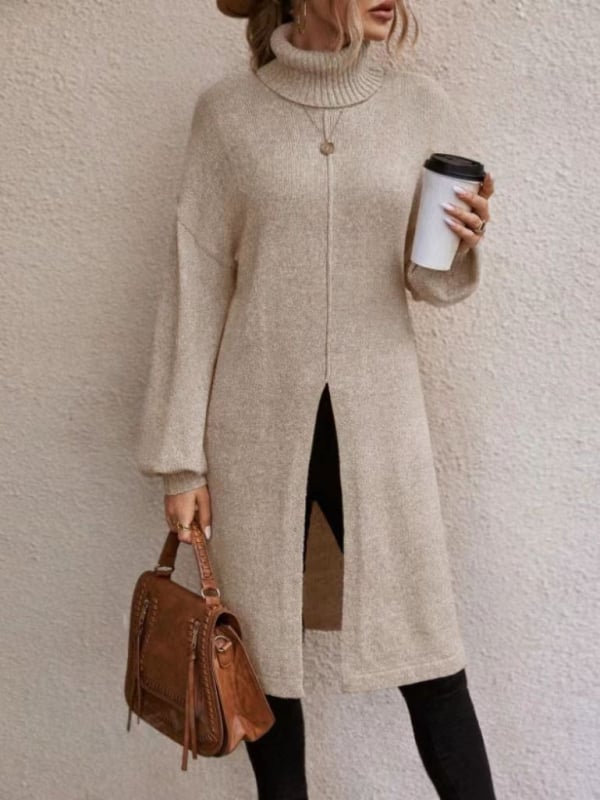 Rochie tricotată lungă de tip pulover din Spandex, culoare solidă, mâneci felinar, guler dublu, croială slim (Toamna 2024)