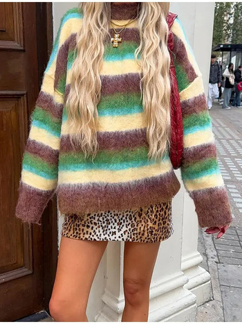 Pulover cu dungi, guler rotund, mâneci lungi, croială lejeră, Iarna 2024